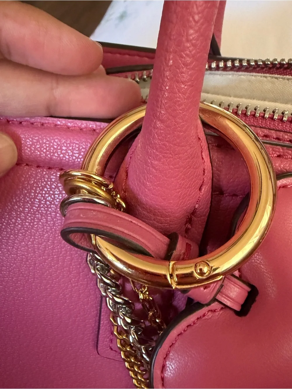 Michael Kors Hot Pink Leather Laila Satchel with Gold & Silver Chain Detail